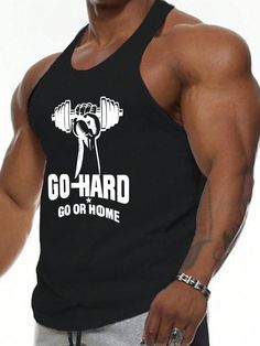 Boyfriend Style Men's Slogan Printed Round Neck Tank Top For Daily Gym Workouts Black   Sleeveless Fabric Figure,Letter  Medium Stretch  Men Activewear, size features are:Bust: ,Length: ,Sleeve Length: Cheap Gym T-shirt With Letter Print, Casual Logo Print T-shirt For Gym, Casual Gym T-shirt With Logo Print, Cotton Gym T-shirt With Logo Print, Daily Gym Workout, Cheap Men's Workout T-shirt, Men Activewear, Gym Workouts For Men, Streetwear Mens