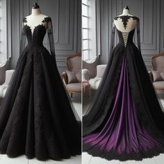 Non Traditional Black Wedding Dress, Purple And Black Dress Gowns, Black And Wine Red Wedding, Dark Ballgown, Dark Fantasy Gown, Purple Wedding Dresses, Black And Purple Wedding, Black Wedding Dress Gothic