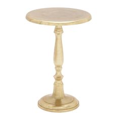 a small wooden table with a round top on a white background, it is isolated from the side