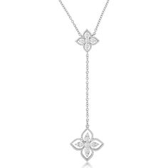 Royal 14K White Gold Lariat Necklace with Diamond Floral Motifs - 0.31 Carat Total Diamond Weight Luxury Diamond White Flower-shaped Necklaces, Luxury White Gold Filigree Necklace, Luxury White Gold Lariat Diamond Necklace, Elegant Lariat Diamond Necklace With Accents, Elegant Diamond Lariat Necklace With Diamond Accents, White Gold Cubic Zirconia Lariat Necklace, Elegant Diamond Lariat Necklace With Accents, Elegant White Gold Lariat Necklace With Brilliant Cut, White Gold Diamond Lariat Necklace With Accents