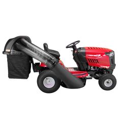 a red lawn mower sitting on top of a white background with a black bag