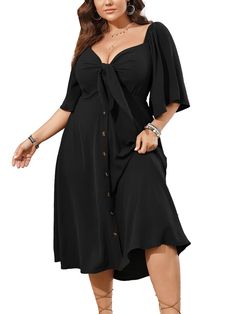 PRICES MAY VARY. Material: This Plus size summer dresses is made in lightweight and skin-touch, soft and flowy texture fabric. It's a great choice to be one of your summer dress collection Design: Plus size casual dresses is in tie front deep v neck design, it's good to shape your figure and show a deep v-neckline, the 3/4 bell sleeve is perfect to embellish your arm, back smocked dress is comfortable to fit your curves, and the button down decorates this flowy dress in more fashion Feature: Wom Cocktail Attire For Women Plus Size, Church Outfit Plus Size, Plus Size Summer Dresses Casual, Apron Belly Outfits, Baby Shower Guest Outfit, Black Dress Plus Size, Best Plus Size Dresses, Plus Size Wedding Guest Dress, Plus Size Sundress