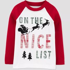 New with tags ~ 'On The Nice List' Toddler' Boy T-Shirt - Just One You made by carter's 18 Mo Description Your sweet one is ready in no time this long-sleeve tee. Complete with a festive print, this soft cotton piece from Just One You made by Carter's is the perfect outfit starter. Just One You by Carter's offers the timeless classics and quality fabrics. Specifications Sizing: Infant Material: 100% Cotton Fit: Classic Fit Length: At Hip Garment Style: Long Sleeve, Pullover Neckline: Crew Item S Santa And His Sleigh, Boys Christmas Shirt, Joy Baby, Baby Boy Christmas, Christmas Shirts For Kids, Big Brother Shirt, Truck Shirts, Halloween Long Sleeve, Brother Shirts