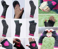 several pictures of different types of gloves with pink and black trimmings, including one in the shape of a heart