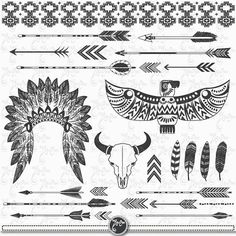 an assortment of native american tattoos and headdress, with arrows in the background