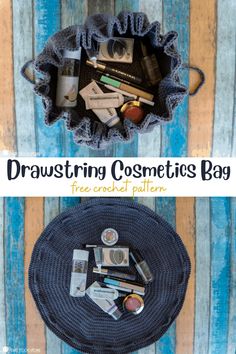 a basket filled with cosmetics on top of a wooden table next to a blue striped wall