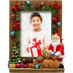 This gorgeous Christmas picture frame is the perfect photo gift for the holiday season. This frame is made of resin, and has intricate hand-painted details. Overall size of the frame is 6.5 x 2 x 8.75. The frame can stand on its own since it has a larger base, but also has an easel back for tabletop display. Frame is shaped like a rectangle, and features Santa Claus holding a sack of toys, a Christmas tree, and wrapped presents. The border of the frame has green garland with red bows, ornaments, Xmas Photo Frames, Resin Picture Frame, Christmas Picture Frame, Wall Hanging Photo Frames, Christmas Picture Frames, Christmas Resin, Christmas Photo Frame, Wrapped Presents, Family Picture Frames