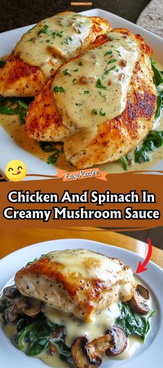 chicken and spinach in creamy mushroom sauce on a white plate with text overlay