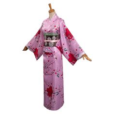 a pink and red kimono with flowers on it