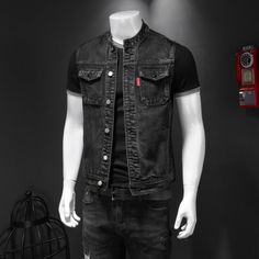 Motorcycle Enthusiasts! Want to create a layered outfit? Men's Black Denim Vest with Two Chest Pockets is a good choice for you. Because wearing a denim vest will expose your underlying shirt or top. A long sleeve shirt or sweatshirt with a good vest is enough to keep you warm when riding in cold temperatures. Features: Made of 100% Cotton Denim Material Two Chest Pockets High-Quality Snap Buttons Stand collar Note: Please check SIZE CHART in the images before ordering! Denim Vest Men, Black Denim Vest, Layered Outfit, Jean Jacket Men, Retro Jeans, Team Uniforms, Motorcycle Style, Layering Outfits, Denim Material