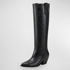 Make a fashion statement with these black pointed toe, embroidered chunky heel knee-high cowgirl boots. Stylish and versatile, perfect for adding a touch of western flair to your outfit. Color: Black Heel Type: Chunky heel Heel Height: 1.75" / 45 mm approx Shaft Height: 15.2'' / 386 mm approx Product measurements were taken using size 8. Please note that measurements may vary by size. Toe: Pointed toe Embroidered design Pull-on design Handcrafted US sizing. Fits true to size. Black Pointed Toe Boots, Knee High Cowgirl Boots, Clear Heel Boots, High Cowgirl Boots, Embroidered Chunky Heels, Kitten Heel Boots, Metallic Boots, Thigh High Boots Heels, Sparkly Heels