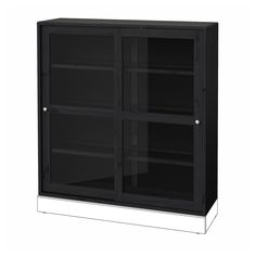 a black bookcase with glass doors on the front and bottom shelves, shown from the side