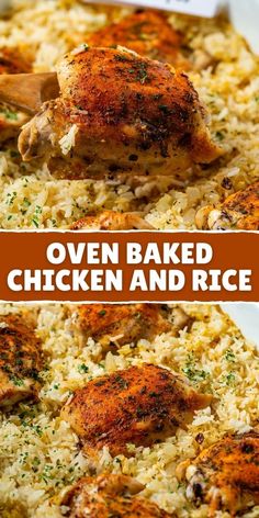 chicken and rice casserole is shown in two different pans with the words oven baked chicken and rice