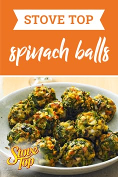 spinach balls in a white bowl with text overlay that reads stove top spinach balls