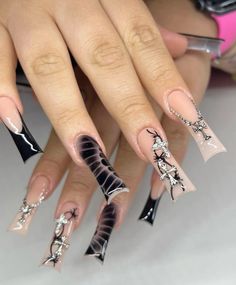 Black Funky Nails, Black French Tip Nail, Unusual Nail Designs, September Books, Black French Tip, French Tip Nail Art, Manicure Designs, French Manicure Designs, Long Acrylic Nail Designs