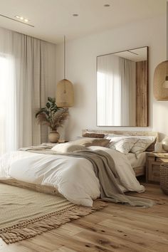 a bedroom with white walls and wooden floors, large bed surrounded by pillows and blankets