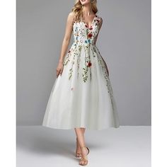 Silhouette:A-Line; Hemline / Train:Tea Length; Closure:Zipper UP; Built-In Bra:Yes; Embellishment:Appliques,Embroidery; Fabric:Lace,Tulle; Sleeve Length:Sleeveless; Tips:Appliques or beadings design are handmade which may vary slightly for each product; Boning:Yes; Style:Floral,White; Occasion:Prom,Party Wear,Wedding Guest; Neckline:V Neck; Front page:Prom Dresses; Listing Date:04/15/2020; Bust:; Hips:; Hollow to Floor:; Waist: