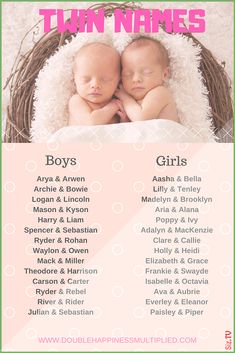 the birth announcement for twin names with two babies in a nest on top of each other