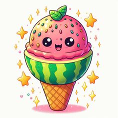 an ice cream cone with sprinkles and a smiling face on it's top