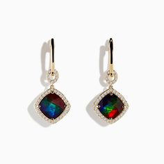 14K Yellow Gold Ammolite and Diamond Earrings Effy Jewelry, Yellow Stone, Gold Yellow, Round Diamonds, Diamond Earrings, Yellow Gold, Stone, Yellow, Gold