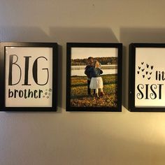 three black and white framed pictures hang on the wall next to each other, with words above them