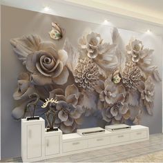 this is an image of a wall mural in a living room with flowers on it