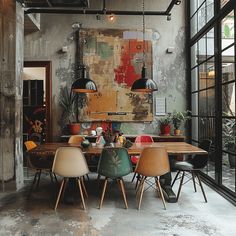 an industrial style dining room with wooden table and chairs