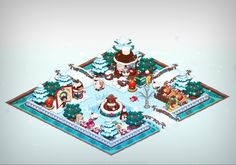 an animated christmas scene with santa and his reindeers in the snow, surrounded by trees