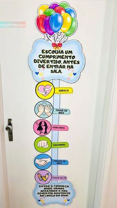 the door is decorated with colorful balloons and information about different types of people in spanish