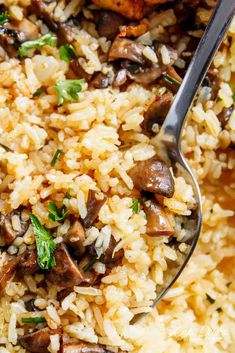 a close up of rice and mushrooms with a spoon