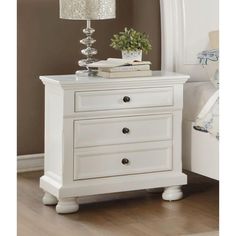 BM188578   Transitional Style Two Drawer Wooden Night Stand with Round Bun Legs, White Bedroom Transitional Style, Wooden Night Stand, White Night Stand, Hidden Drawer, Black Nightstand, Wooden Storage Cabinet, Wooden Table Lamps, Wooden Nightstand, White Nightstand