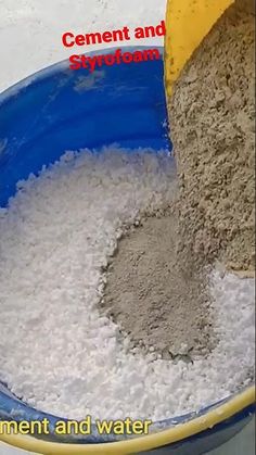 cement being poured into a blue bowl with the words cement and styrofoam