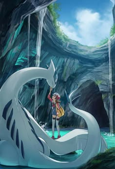 a woman standing in front of a waterfall next to a giant white dragon with long horns