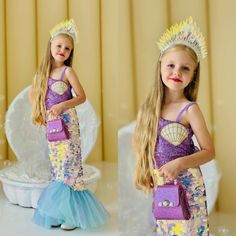 Make your little one's dreams come true with our Enchanting Mermaid Costume for Girls! This beautifully crafted set includes a stunning sequin dress, a shimmering cape, a sparkling crown, a cute bag, and a lovely headband - everything your child needs to transform into a magical mermaid. The dress features vibrant, iridescent sequins that catch the light and make your child shine at any event. The flowing cape adds an extra touch of elegance, while the crown and headband complete the enchanting Toddler Mermaid Costumes, Girls Mermaid Costume, Princess Mermaid, Magical Mermaid, Dress Cape, Mermaid Princess, Mermaid Costume, Girl Costumes, Girl Dress