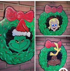 the grinch wreath has been decorated with green frosting and is hanging on a brick wall