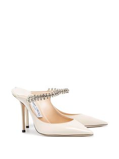 Shop Jimmy Choo linen white Bing 100 crystal anklet patent leather mules with Express Delivery - Farfetch Jimmy Choo Wedding Shoes, Jimmy Choo Bing, Jimmy Choo Bridal, Heels Aesthetic, Crystal Anklet, Jimmy Choo Heels, Linen White