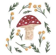 a drawing of a mushroom surrounded by flowers