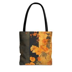 Introducing the "Vibrant Autumn Floral" Tote Bag--a must-have accessory for fall lovers, nature enthusiasts, and fans of vintage-inspired designs. This stunning tote showcases rich autumn colors with vibrant orange and yellow flowers set against a dramatic black background, capturing the essence of the fall season. Perfect for those who appreciate botanical art and seasonal aesthetics, this bag blends functionality with timeless style. Available in 3 sizes to add both functionality and style, these custom-printed tote bags come with multiple handle colors to match your designs. Made with spun polyester, these bags feature double-stitched seams, cotton webbing straps, and nonwoven laminate lining for high-end durability. Your all-over print is created with dye sublimation for high-end visua Yellow Artistic Bag For Daily Use, Artistic Yellow Bag For Daily Use, Artistic Black Bag For Everyday Use, Nature-inspired Tote Bag For Daily Use, Nature-inspired Rectangular Bag For Daily Use, Everyday Nature-inspired Rectangular Bag, Nature-inspired Everyday Rectangular Bag, Unique Floral Design, Fall Lovers