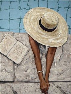 a painting of a person sitting on a couch wearing a hat and reading a book