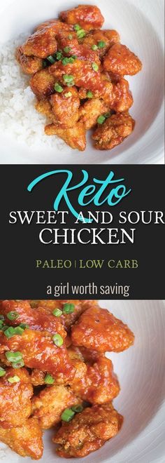 the cover of keto sweet and sour chicken is shown on a plate with rice