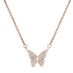 This pretty butterfly diamond necklace makes for the perfect trendy piece of jewelry to add to your wardrobe. The dainty Papillon butterfly diamond necklace can be paired with our Farfalla openwork wings butterfly diamond necklace. - 17" Length with Spring Ring Clasp - SI1 Diamond Clarity- H-I Diamond Color- Total Carat Weight: 1/20 CT- Available in 10K YG, 10K WG, 10K RG, 14K YG, 14K WG, 14K RG- Ethically sourced materials and conflict-free diamonds- Fully compliant with The Kimberley Process- Wings Butterfly, Papillon Butterfly, Pretty Butterfly, Butterfly Necklace, Diamond Color, Rose Gold Necklace, Conflict Free Diamonds, Diamond Clarity, Spring Rings