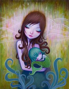 a painting of a woman holding a green mermaid in her arms with waves coming out of the water