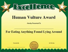 an award certificate for excellence in taking a big game