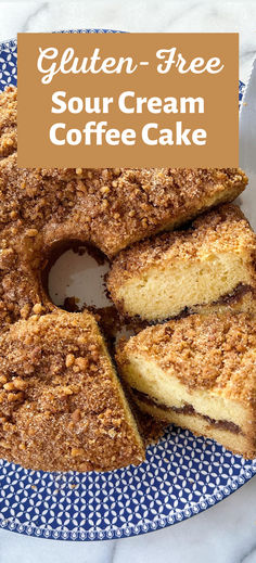 a blue and white plate topped with coffee cake