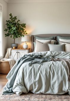 Sage Green Farmhouse Bedroom Grey And Green Room, Grey And Sage Green Bedroom, Sage And Grey Bedroom, Sage Green Farmhouse Bedroom, Green Farmhouse Bedroom, Sage Green And Grey Bedroom, Sage Green Farmhouse, Mom Room, Green Bedrooms