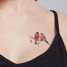 a woman with two birds on her chest