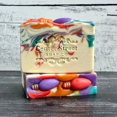 a soap bar with multicolored candies on it