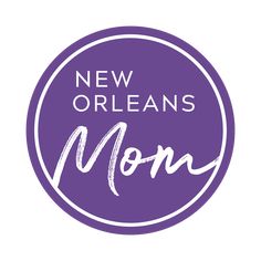 the new orleans mom's logo in purple with white letters on it and an orange circle