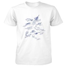 a white t - shirt with blue drawings on it