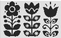 a cross stitch pattern with black and white flowers